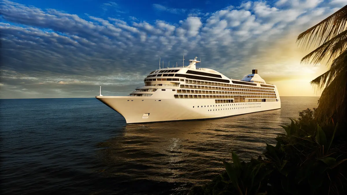 Royal Caribbean kruīza kuģis pie tropiskās salas ar tirkīzzilu ūdeni Royal Caribbean kruīza kuģis pie tropiskās salas ar tirkīzzilu ūdeni