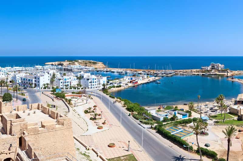 Tunisijas kūrorta viesnīcas baseins ar palmu dārzu un Vidusjūras skatu Tunisijas kūrorta viesnīcas baseins ar palmu dārzu un Vidusjūras skatu