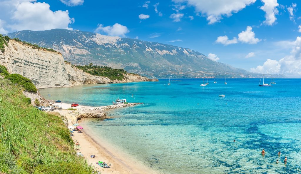 Landscape with Spartia beach and Klimatsias beach on Kefalonia, Ionian island, Greece